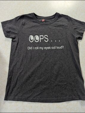 Dark Grey Graphic Tee with 'OOPS' Eye Roll Text
